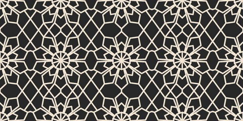 Seamless Islamic Geometric Pattern Vector. Modern Arabic Mosaic Star Tile Background. Black and White Islamic Ornament Seamless Repeat.