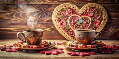 Cozy autumn scene featuring two ornate teacups filled with steaming beverage, surrounded by colorful sweet treats and heart-shaped decorative element on a rustic wooden surface.
