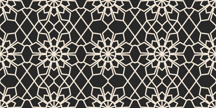 Seamless Islamic Geometric Pattern Vector. Modern Arabic Mosaic Star Tile Background. Black and White Islamic Ornament Seamless Repeat.
