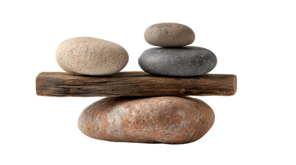 Balanced Zen Stones with Wooden Bar on Transparent Background