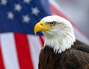 A close-up of a bald eagle with piercing eyes and a sharp yellow beak, set against the American flag—evoking strength, freedom, and the enduring spirit of national pride.