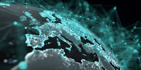 Illuminated digital representation of the European continent overlaid with a complex network of glowing connections.
