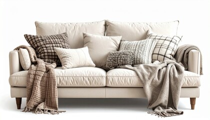A beige upholstered sofa with tufted cushions, layered in cozy throw pillows and blankets in neutral tones—evoking warmth, texture, and the inviting elegance of a thoughtfully styled living space.
