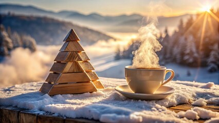 Serene Winter Sunrise A Warm Beverage and Wooden Tree Ornament on a Snowy Tabletop