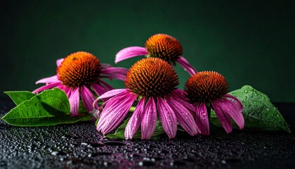A cluster of blooming purple coneflowers with spiky orange-brown centers, set against a soft green blur—evoking natural beauty, pollinator harmony, and the quiet poetry of wild gardens.