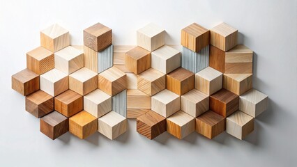 Intricate Wooden Cube Mosaic A Harmonious Arrangement of Textured Blocks in Diverse Shades of Brown and Beige