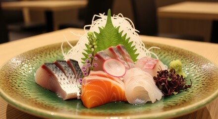 Fresh, vibrant sashimi platter showcasing a variety of delicious seafood delicately arranged.
