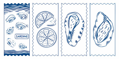 Hand drawn blue ink illustrations of sardines and lemon slices on white background
