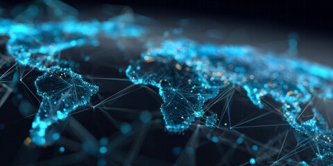 Illuminated digital world map displays a complex network of interconnected glowing data points across continents