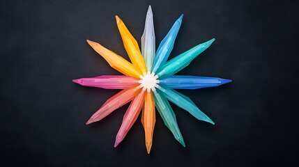 Colorful starburst pattern made of plastic pipette tips on a dark background creating vibrant design