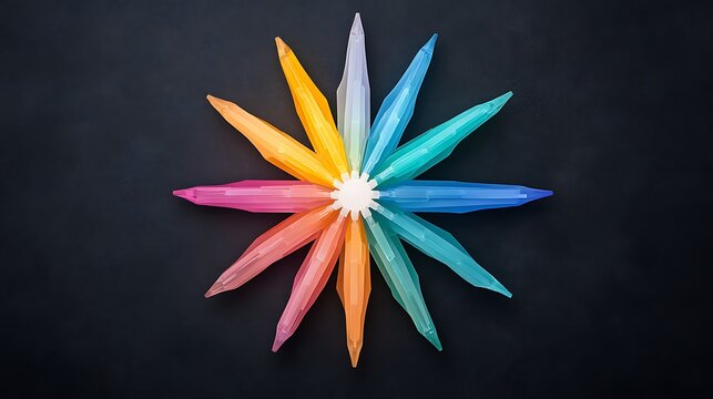 Colorful starburst pattern made of plastic pipette tips on a dark background creating vibrant design