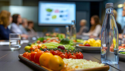 A vibrant selection of fresh fruits and vegetables displayed during a business meeting, promoting healthy eating.