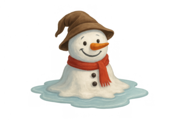 Snowman melting into a puddle, wearing a hat and scarf, concept of global warming and climate change, transparent background