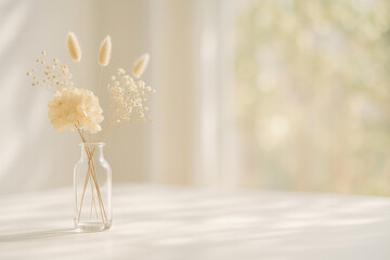 ドライフラワーのアレンジメントが置かれた穏やかな光が降り注ぐ部屋