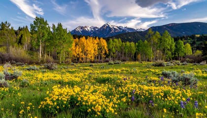 A vibrant mountain meadow bursting with yellow and purple wildflowers, framed by golden autumn trees and snow-capped peaks under a blue sky—evoking seasonal contrast, natural harmony, and the breathta