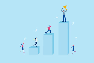 Diverse group of people climbing a bar graph representing success and achievement with a trophy at the top