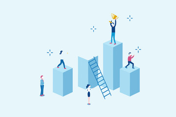 Diverse business people climbing success ladder and reaching goals celebrating victory with trophy on podium
