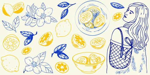 Artistic sketch of a woman with a tote bag surrounded by lemons and flowers in blue and yellow colors