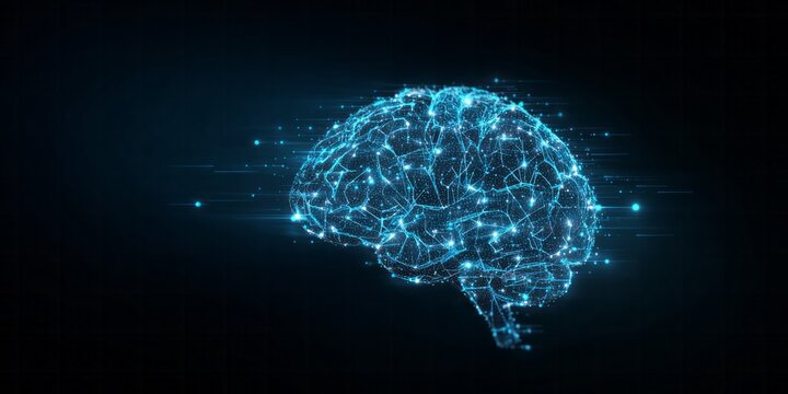 Illuminated digital representation of the human brain structure glows against a dark background