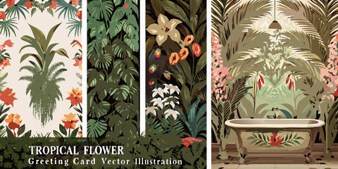 Exotic botanical illustration featuring a vintage clawfoot bathtub surrounded by lush tropical foliage and vibrant flowers
