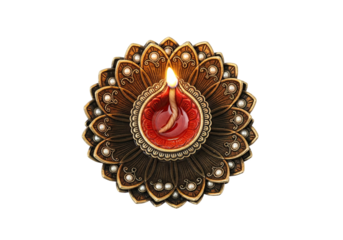 Traditional indian diya oil lamp with a bright flame burning brightly isolated on transparent background