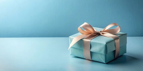 A delicately wrapped present, a light blue box adorned with a beige ribbon, sits on a matching surface, ready for a special occasion