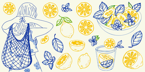 Hand drawn illustration of a woman with a mesh bag surrounded by lemons and lemon slices in yellow and blue sketch style