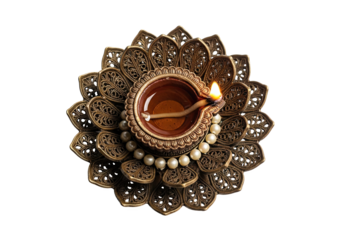 Ornate golden diya oil lamp with a lit flame and pearl accents isolated on transparent background