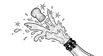 Champagne cork popping and sparkling spray celebrating New Year's Eve party with champagne and confetti  