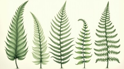 Five fern fronds arranged in varied shapes and sizes against plain cream background, concept of botanical illustration, herbarium study, nature education