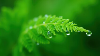 Delicate green fern frond holding clear water droplet in sharp focus against blurred leafy background, concept of nature purity, eco wellness, botanical therapy