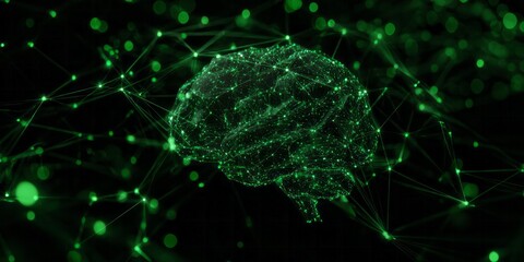 Digital representation of human cognitive function glows with interconnected nodes and lines against a dark background