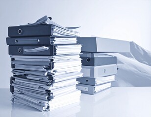 Two uneven stacks of binders and folders filled with disorganized papers rest on a reflective surface—evoking workplace chaos, documentation overload, and the visual tension between order and entropy.