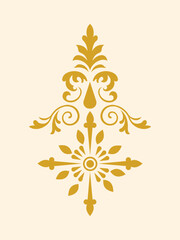 Elegant symmetrical golden ornament with intricate floral and scroll details, a classic vintage decorative element isolated for design.