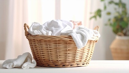 A wicker laundry basket filled with neatly folded clothes in soft blues, whites, and beiges, bathed in natural sunlight beside potted plants—evoking domestic calm, warmth, and the quiet joy of everyda