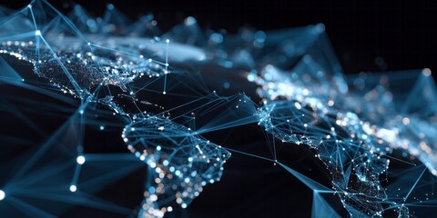 Illuminated global network visualization displays interconnected digital data across continents