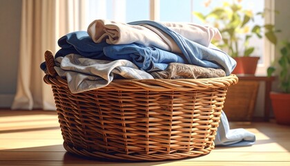 A wicker laundry basket filled with neatly folded clothes in soft blues, whites, and beiges, bathed in natural sunlight beside potted plants—evoking domestic calm, warmth, and the quiet joy of everyda