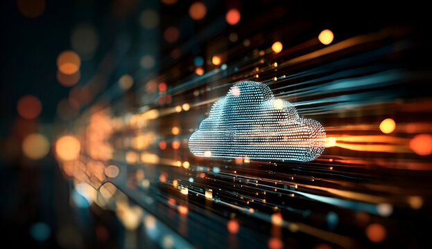 Futuristic cloud computing concept with vibrant data streams representing digital transformation and connectivity.