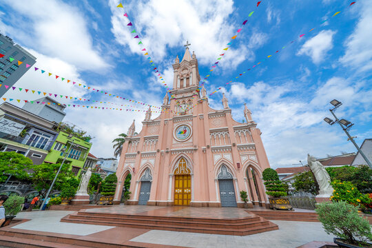 Da Nang Pink Cathedral Church is a Catholic Church in Danang. Landmark and popular for tourist attraction. Vietnam and Southeast Asia travel concept