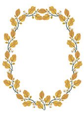 Yellow autumn leaves. Golden fall foliage isolated transparent frame. Botanical folk design. Postcard border. Forest nature illustration.