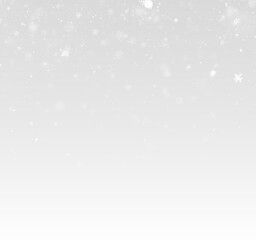 Realistic falling snow with snowflakes and clouds. Winter transparent background for Christmas or New Year card. Frost storm effect, snowfall, ice. Vector illustration