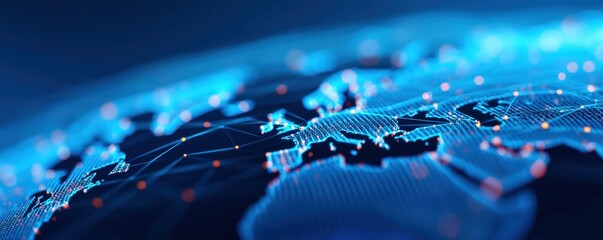 Breaking News Banner, Digital globe with glowing network connections and blue lights.