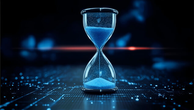 A digital hourglass icon symbolizes time management and technology advancement in a futuristic setting.