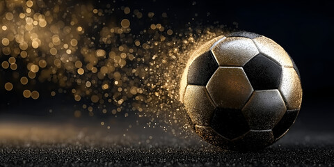 Fototapeta premium Dynamic soccer ball in motion, creating a shimmering effect as it rolls across a dark surface.