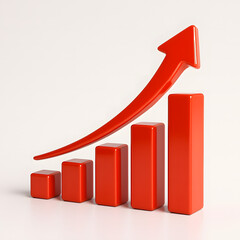 Glossy red arrow rising upward over 3d bar chart showing growth and success