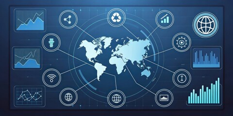 Global network data visualization world map with charts and icons technology concept