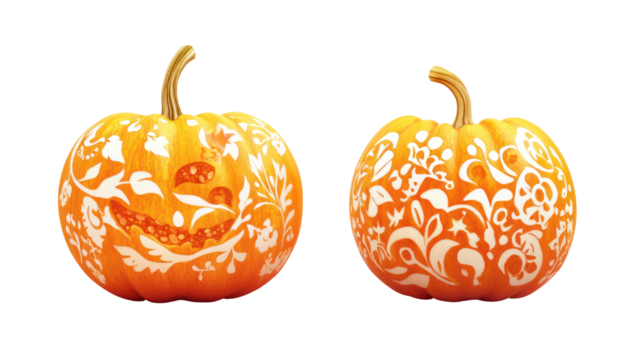 Two intricately carved orange pumpkins with decorative patterns isolated on transparent background