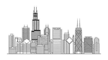 Naklejka premium Cityscape Silhouette: A detailed pen and ink style line drawing showcases the iconic skyline, a celebration of urban design.