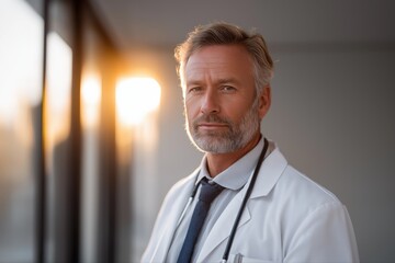 Caucasian mature male doctor with stethoscope in sunlit hospital hallway