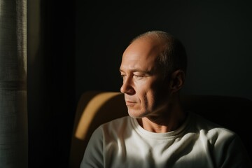 Fototapeta premium Pensive mature caucasian male in sunlight by window